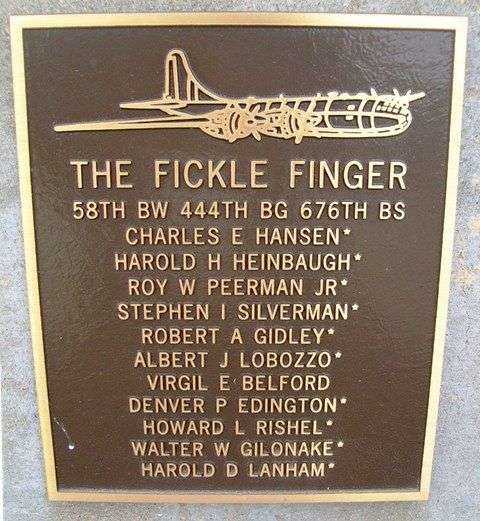 THE FICKLE FINGER B-29 WAR MEMORIAL PLAQUE