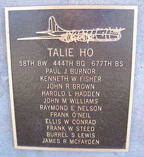 TALIE HO B-29 WAR MEMORIAL PLAQUE