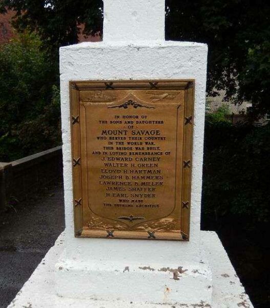 MOUNT SAVAGE WORLD WAR I MEMORIAL BRIDGE PLAQUE