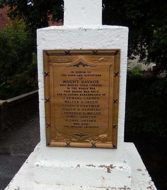 MOUNT SAVAGE WORLD WAR I MEMORIAL BRIDGE PLAQUE