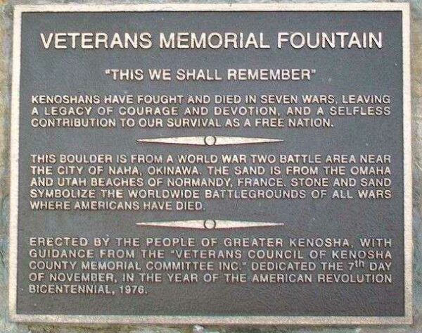 KENOSHA VETERANS MEMORIAL FOUNTAIN PLAQUE