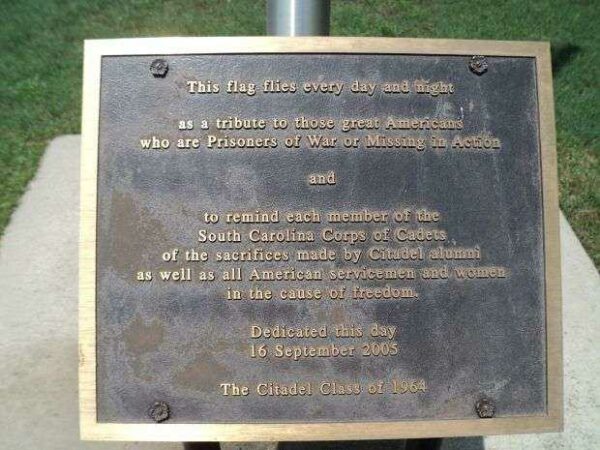 CITADEL POW MIA MEMORIAL FLAGPOLE PLAQUE