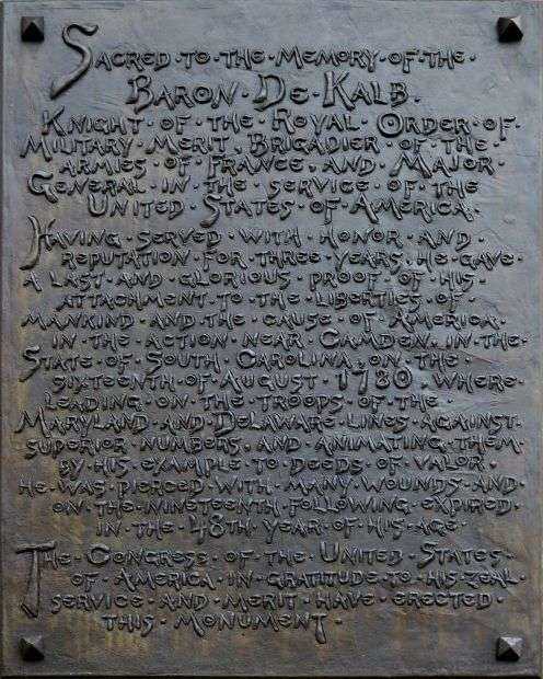BARON JOHANN DE KALB WAR MEMORIAL PLAQUE A