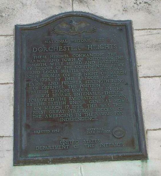DORCHESTER HEIGHTS REVOLUTIONARY WAR MEMORIAL PLAQUE