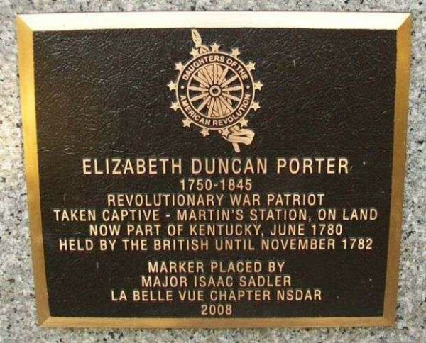 ELIZABETH DUNCAN PORTER REVOLUTIONARY WAR MEMORIAL PLAQUE