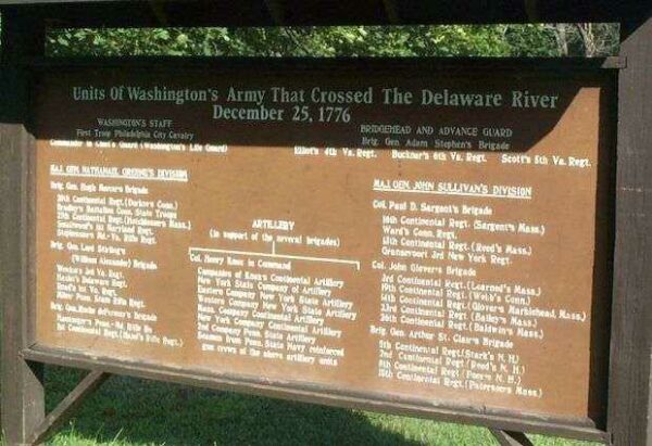 UNITS OF WASHINGTON’S ARMY THAT CROSSED THE DELAWARE RIVER MEMORIAL MARKER