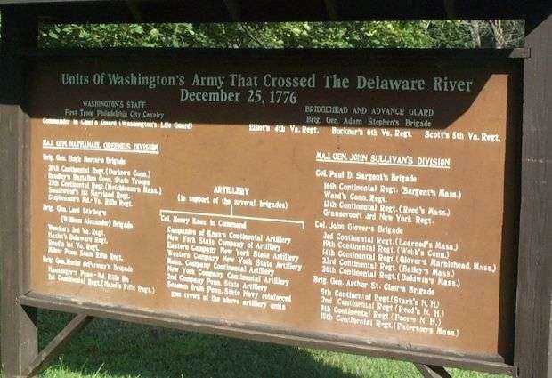 UNITS OF WASHINGTON’S ARMY THAT CROSSED THE DELAWARE RIVER MEMORIAL MARKER