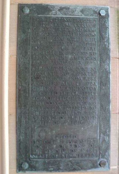 NASSAU HALL REVOLUTIONARY WAR MEMORIAL PLAQUE