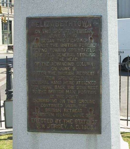 ELIZABETHTOWN REVOLUTIONARY WAR MEMORIAL PLAQUE