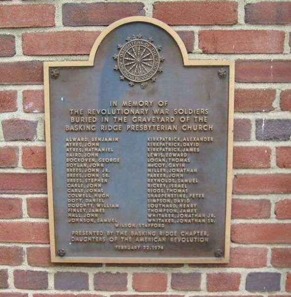 BASKING RIDGE PRESBYTERIAN CHURCH REVOLUTIONARY WAR MEMORIAL PLAQUE