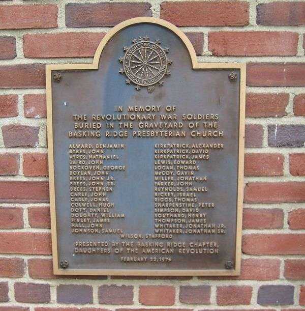 BASKING RIDGE PRESBYTERIAN CHURCH REVOLUTIONARY WAR MEMORIAL PLAQUE