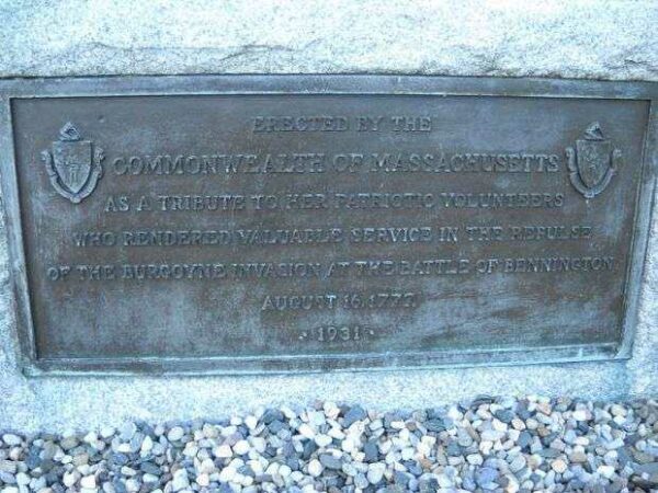 MASSACHUSETTS VOLUNTEERS AT BENNINGTON REVOLUTIONARY WAR MEMORIAL PLAQUE
