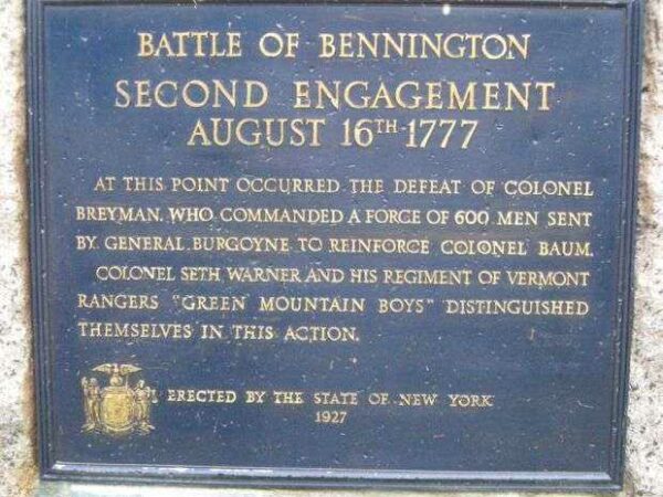 BATTLE OF BENNINGTON SECOND ENGAGEMENT REVOLUTIONARY WAR MEMORIAL PLAQUE
