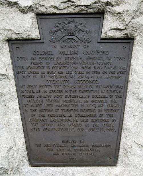 COLONEL WILLIAM CRAWFORD REVOLUTIONARY WAR MEMORIAL STATUE PLAQUE