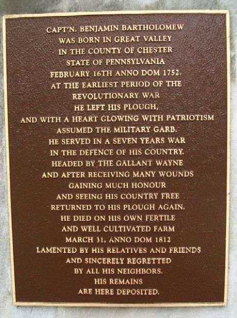 CAPT’N. BENJAMIN BARTHOLOMEW REVOLUTIONARY WAR MEMORIAL PLAQUE
