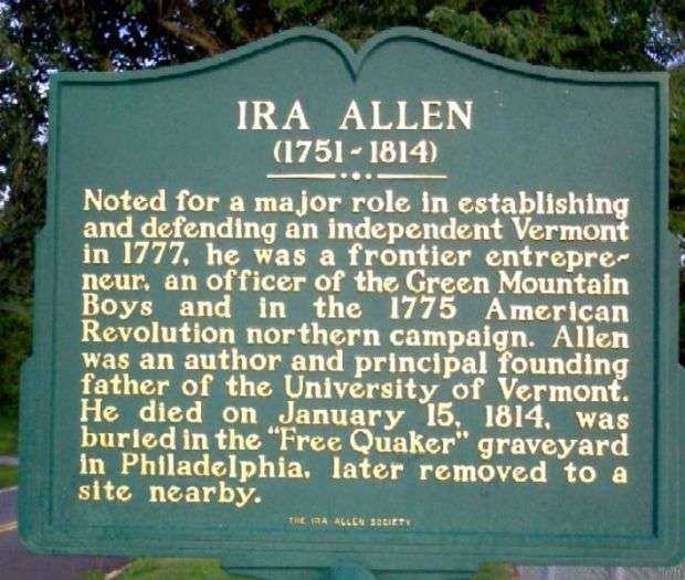 IRA ALLEN REVOLUTIONARY SOLDIER WAR MEMORIAL MARKER