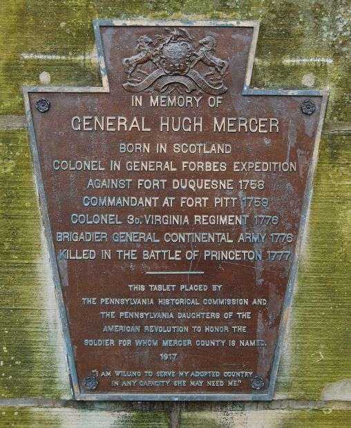 GENERAL HUGH MERCER REVOLUTIONARY WAR MEMORIAL PLAQUE