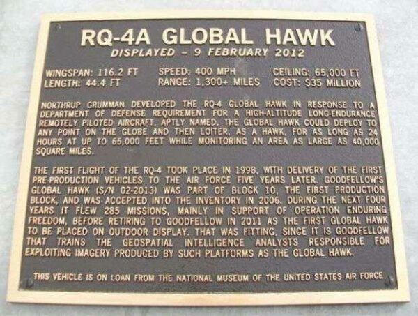 RQ-4A GLOBAL HAWK WAR MEMORIAL AIRCRAFT PLAQUE