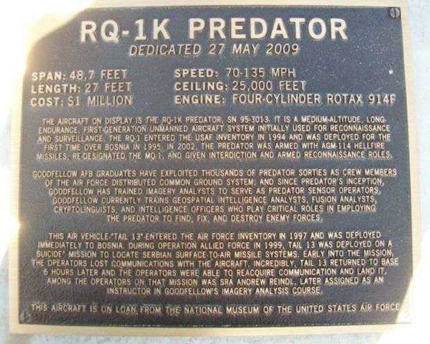 RQ-1K PREDATOR WAR MEMORIAL AIRCRAFT PLAQUE