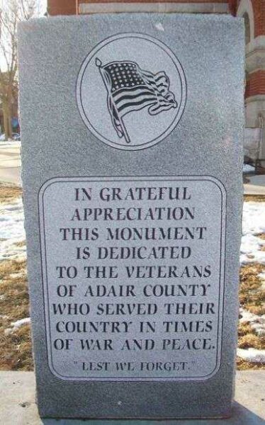 ADAIR COUNTY GRATEFUL VETERANS MEMORIAL FRONT