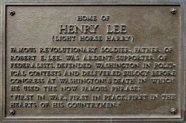 HOME OF HENRY LEE REVOLUTIONARY WAR MEMORIAL PLAQUE