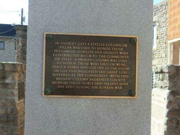 BREATHITT COUNTY KOREAN WAR BROKEN COLUMN MEMORIAL