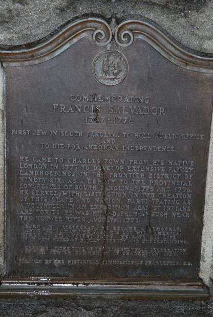FRANCIS SALVADOR REVOLUTIONARY WAR MEMORIAL PLAQUE