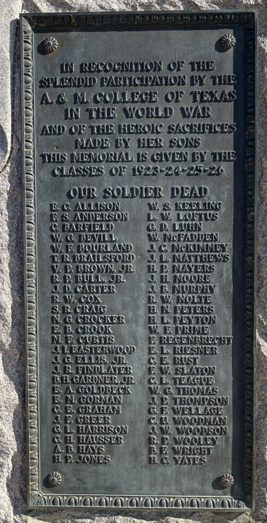 A & M COLLEGE OF TEXAS WORLD WAR MEMORIAL PLAQUE
