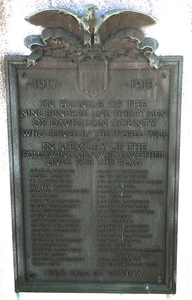 DAVIDSON COUNTY WORLD WAR MEMORIAL PLAQUE