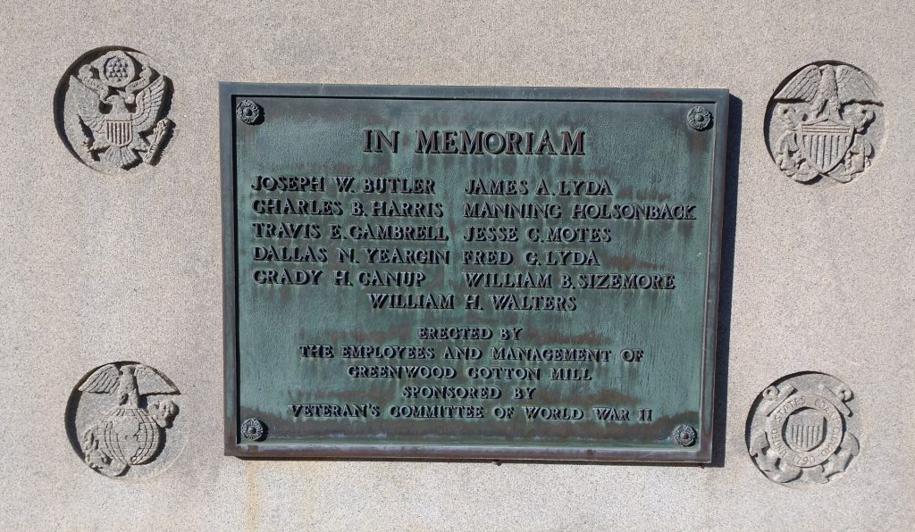 GREENWOOD COTTON MILL WORLD WAR II VETERANS MEMORIAL PLAQUE