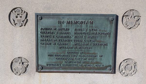 GREENWOOD COTTON MILL WORLD WAR II VETERANS MEMORIAL PLAQUE
