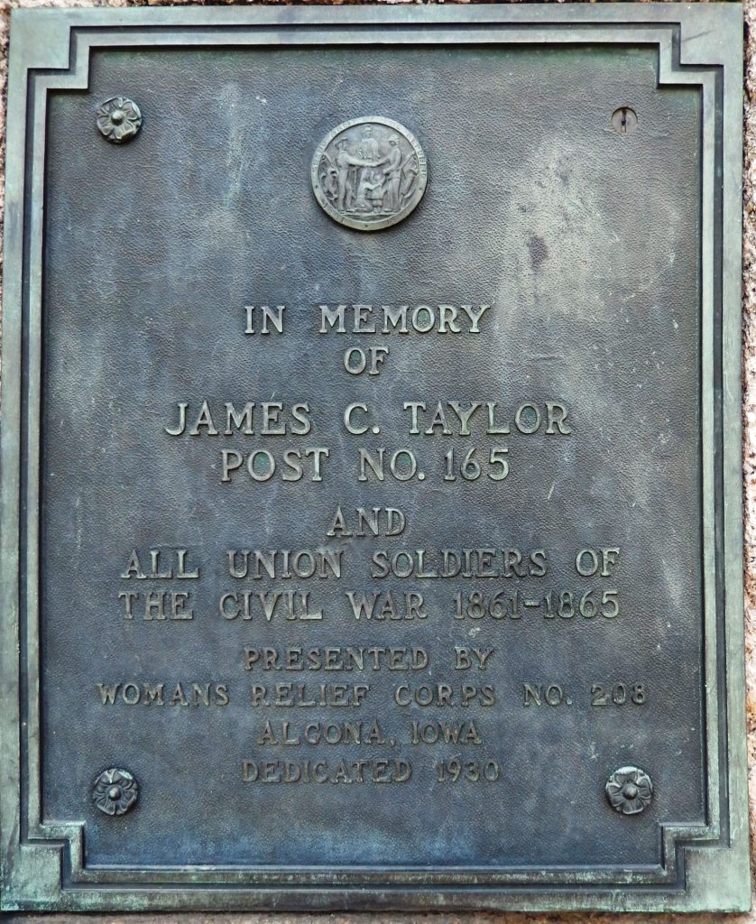 JAMES C. TAYLOR POST NO. 165 ALL UNION SOLDIERS WAR MEMORIAL PLAQUE