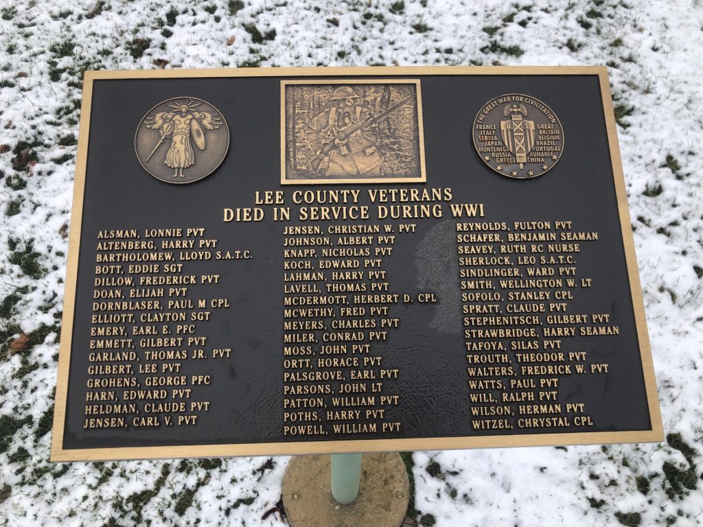 LEE COUNTY WORLD WAR I SUPREME SACRIFICE VETERANS MEMORIAL PLAQUE
