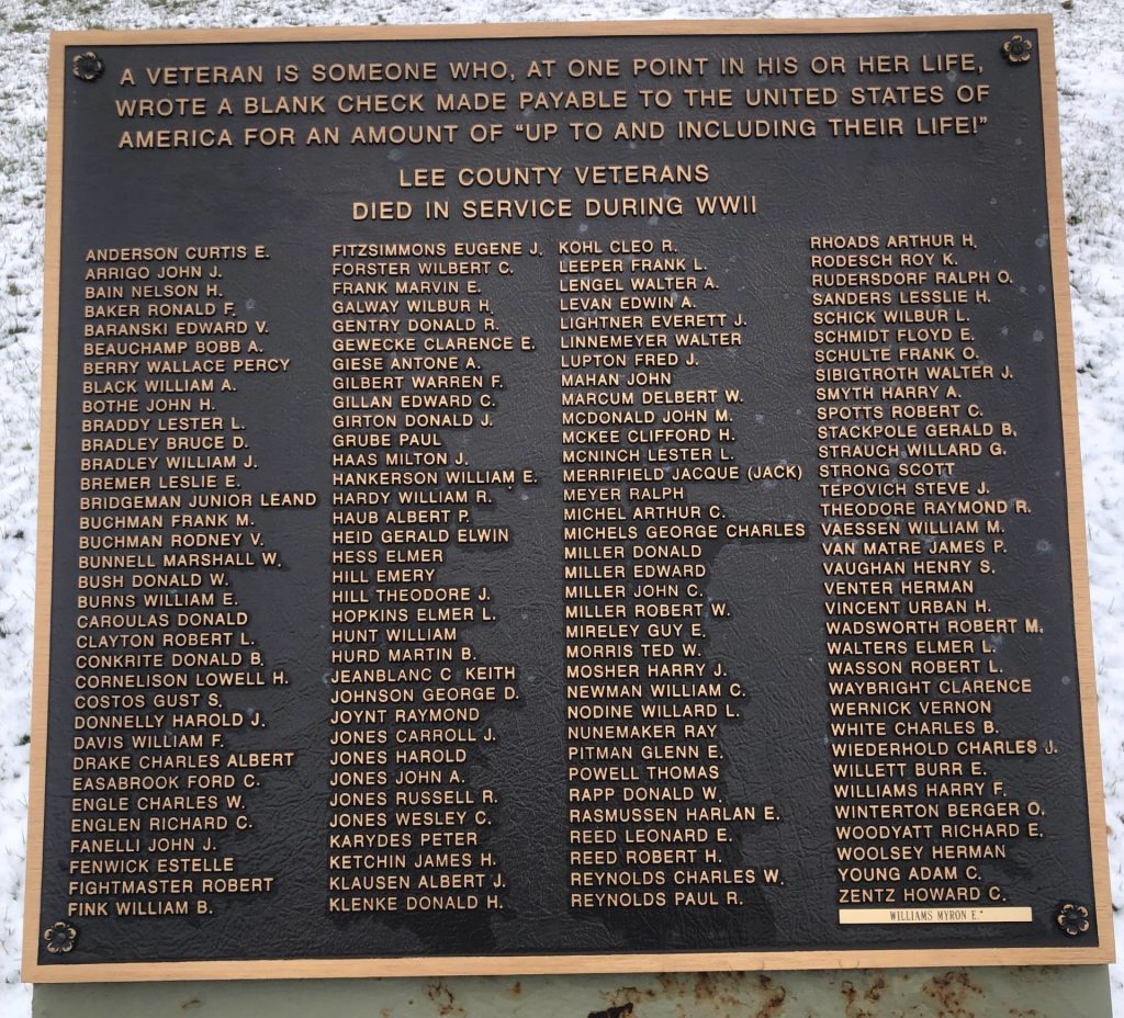 LEE COUNTY WORLD WAR II SUPREME SACRIFICE VETERANS MEMORIAL PLAQUE