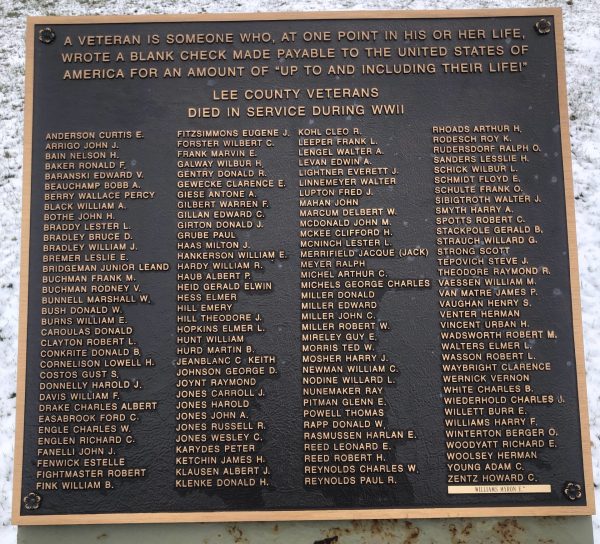 LEE COUNTY WORLD WAR II SUPREME SACRIFICE VETERANS MEMORIAL PLAQUE