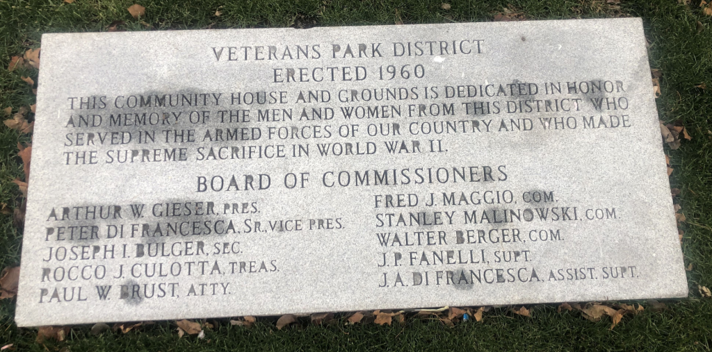 VETERANS PARK DISTRICT MEMORIAL TABLET