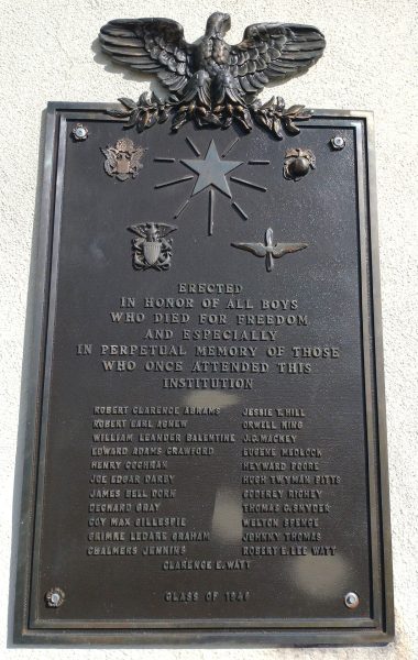 WARE SHOALS HIGH SCHOOL WORLD WAR II VETERANS MEMORIAL PLAQUE
