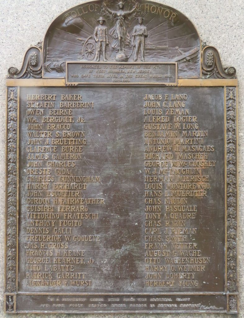WEST HOBOKEN GREAT WORLD WAR MEMORIAL PLAQUE A