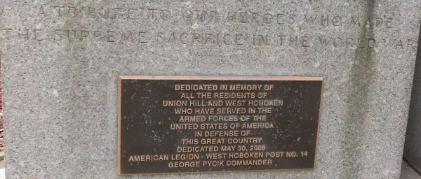 WEST HOBOKEN GREAT WORLD WAR MEMORIAL PLAQUE B