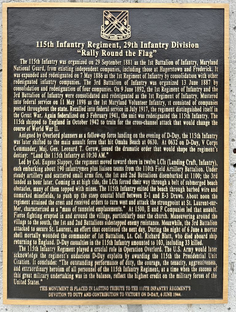 115TH INFANTRY REGIMENT, 29TH INFANTRY DIVISION WAR MEMORIAL PLAQUE