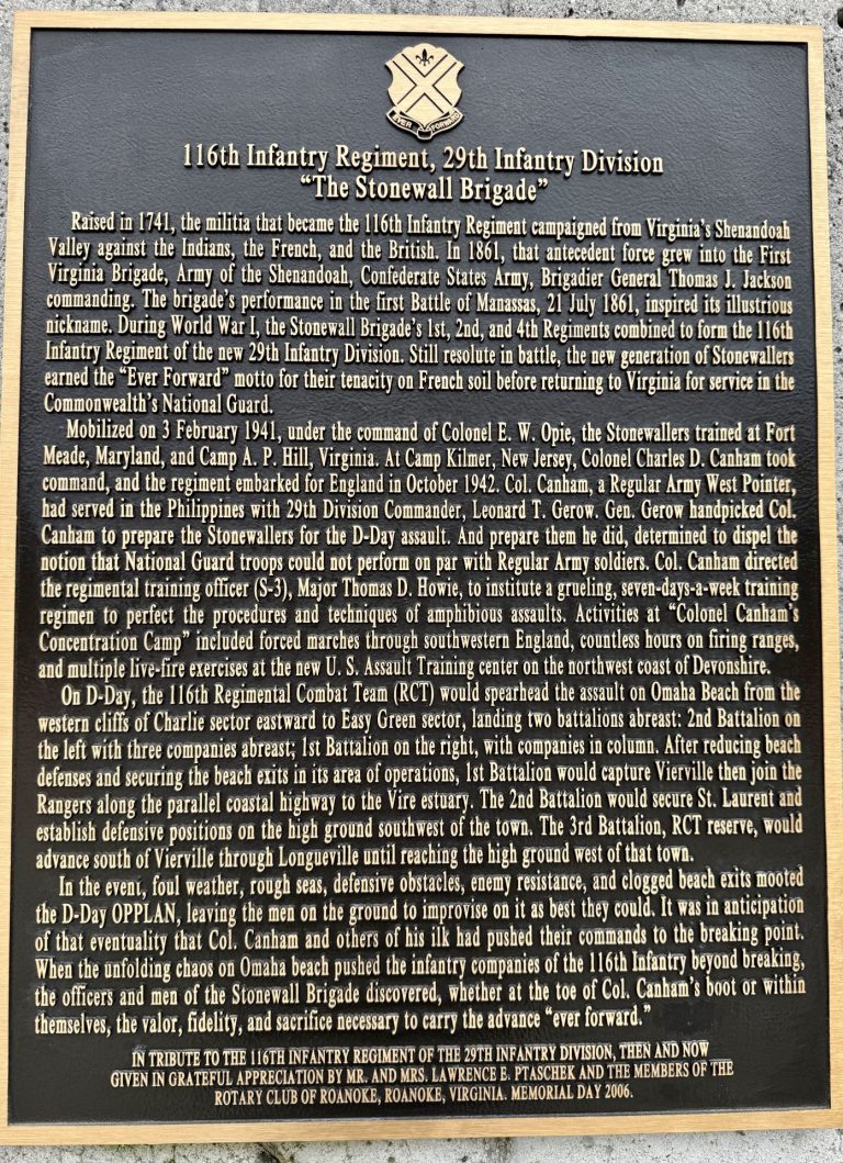 116TH INFANTRY REGIMENT, 29TH INFANTRY DIVISION WAR MEMORIAL PLAQUE