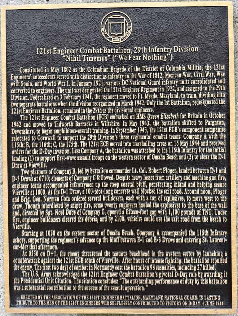 121ST ENGINEER COMBAT BATTALION, 29TH INFANTRY DIVISION WAR MEMORIAL PLAQUE
