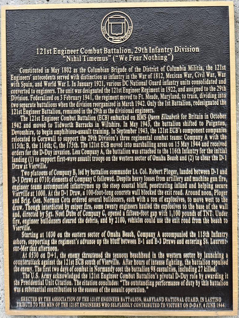 121ST ENGINEER COMBAT BATTALION, 29TH INFANTRY DIVISION WAR MEMORIAL PLAQUE