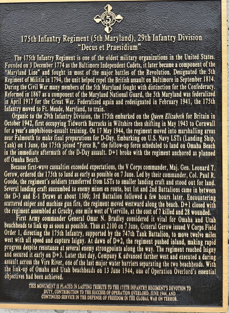 175TH INFANTRY REGIMENT (5TH MARYLAND), 29TH INFANTRY DIVISION WAR MEMORIAL PLAQUE