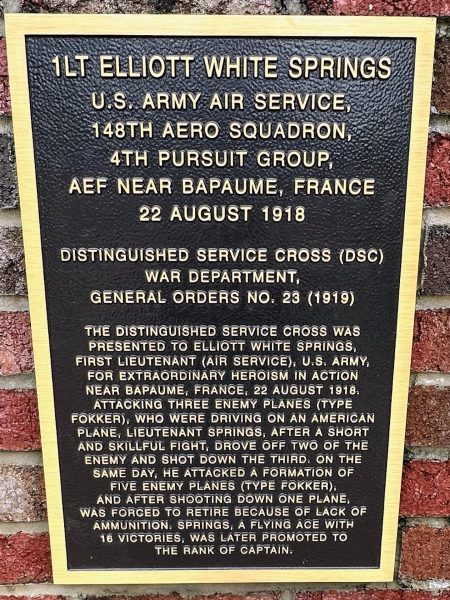 1LT ELLIOTT WHITE SPRINGS WAR MEMORIAL PLAQUE