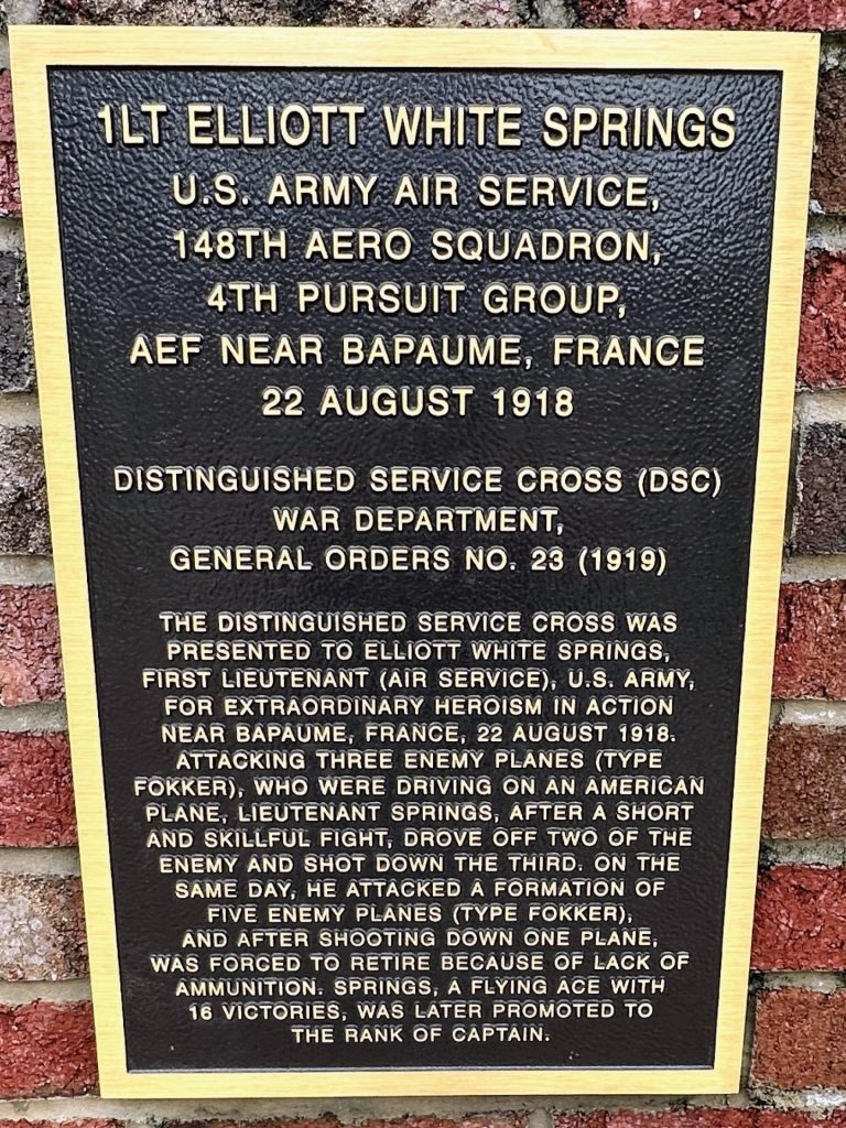 1LT ELLIOTT WHITE SPRINGS WAR MEMORIAL PLAQUE