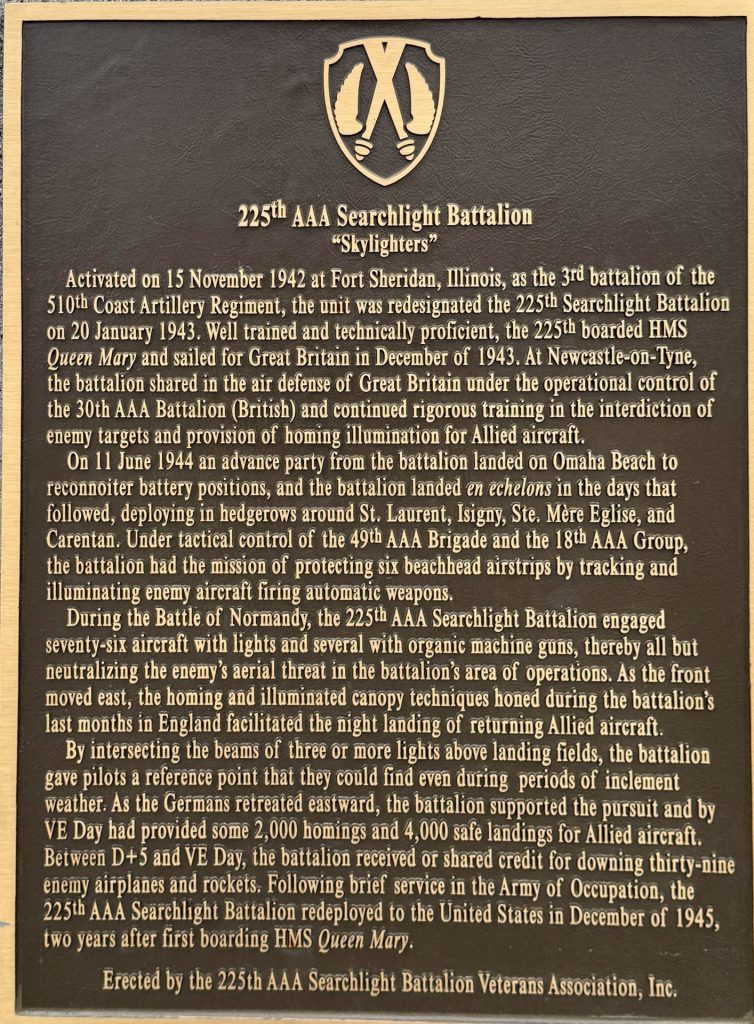 225TH AAA SEARCHLIGHT BATTALION WAR MEMORIAL PLAQUE