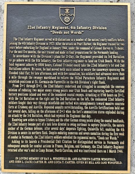 22ND INFANTRY REGIMENT, 4TH INFANTRY DIVISION WAR MEMORIAL PLAQUE