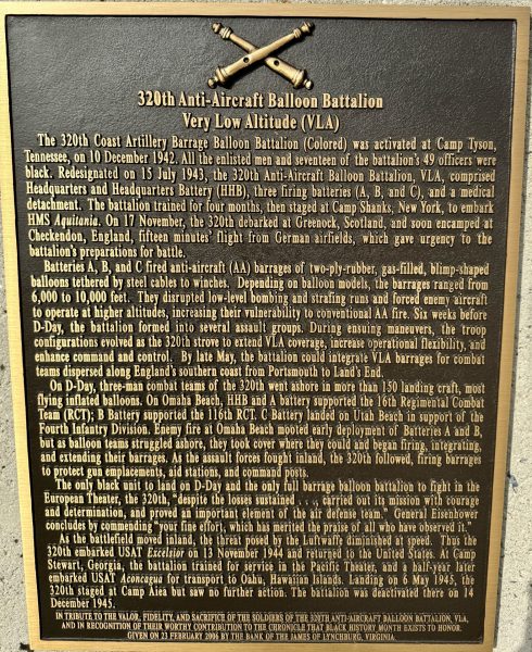 320TH ANTI-AIRCRAFT BALLON BATTALION WAR MEMORIAL PLAQUE