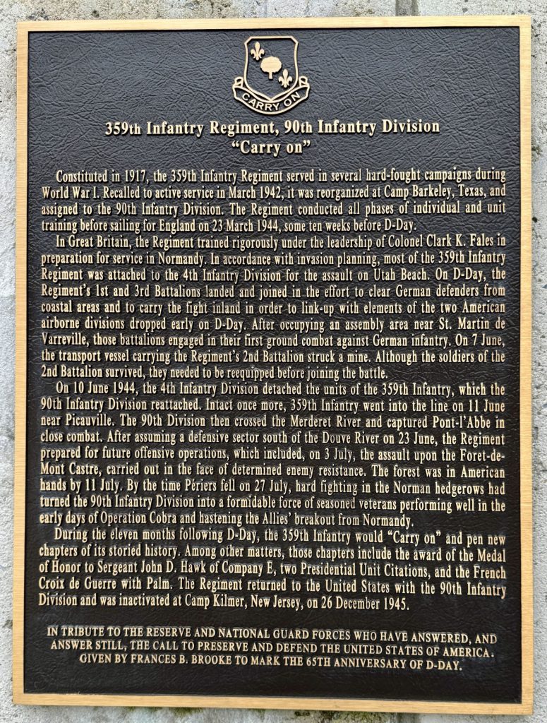 359TH INFANTRY REGIMENT, 90TH INFANTRY DIVISION WAR MEMORIAL PLAQUE